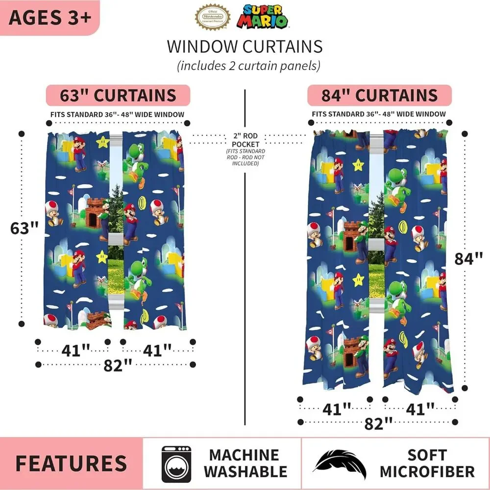 Set of 2 Curtain Panels, Mario Kids Window Curtains (41